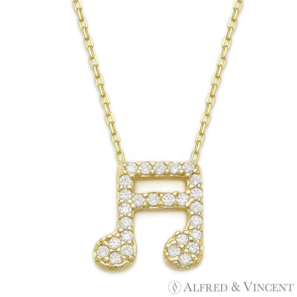 Music Note Charm CZ Crystal Pendant in .925 Sterling Silver w/ 18k Yellow Gold